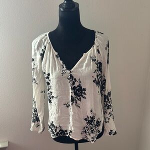 Love Stitch black white floral print split collar long sleeves lightweight top S